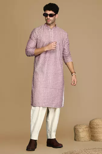 Unleash your style with men's rust printed with sequins touch up trendy fusion wear kurta by sanwara