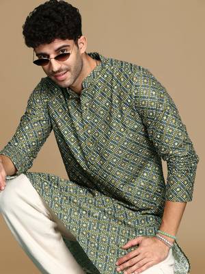 Unleash your style with men's green printed with sequins touch up trendy fusion wear kurta by sanwara 1