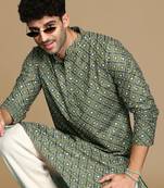 Unleash your style with men's green printed with sequins touch up trendy fusion wear kurta by sanwara