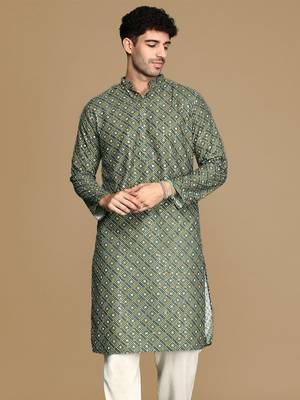 Unleash your style with men's green printed with sequins touch up trendy fusion wear kurta by sanwara 2