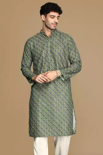 Unleash your style with men's green printed with sequins touch up trendy fusion wear kurta by sanwara