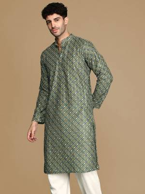 Unleash your style with men's green printed with sequins touch up trendy fusion wear kurta by sanwara 3