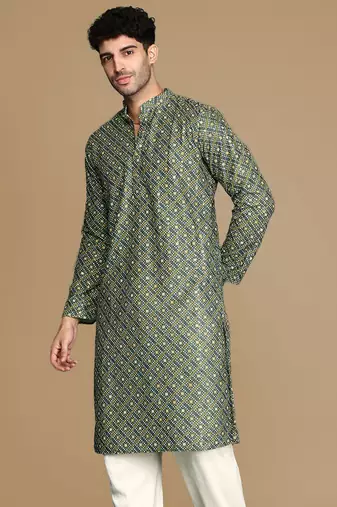 Unleash your style with men's green printed with sequins touch up trendy fusion wear kurta by sanwara