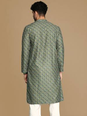 Unleash your style with men's green printed with sequins touch up trendy fusion wear kurta by sanwara 4