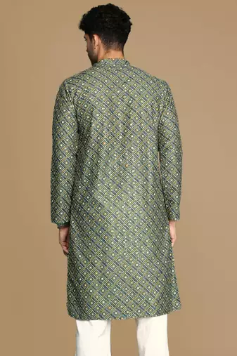 Unleash your style with men's green printed with sequins touch up trendy fusion wear kurta by sanwara
