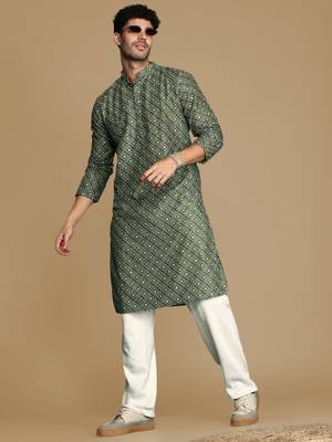 Unleash your style with men's green printed with sequins touch up trendy fusion wear kurta by sanwara 5