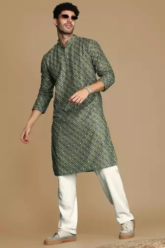 Unleash your style with men's green printed with sequins touch up trendy fusion wear kurta by sanwara