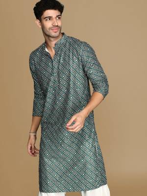 Unleash your style with men's grey printed with sequins touch up trendy fusion wear kurta by sanwara 1