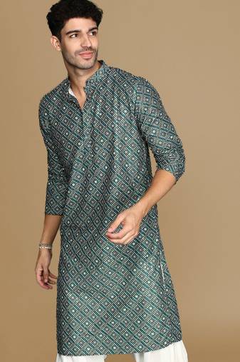 Unleash your style with men's grey printed with sequins touch up trendy fusion wear kurta by sanwara