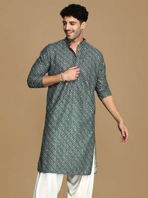 Unleash your style with men's grey printed with sequins touch up trendy fusion wear kurta by sanwara 2