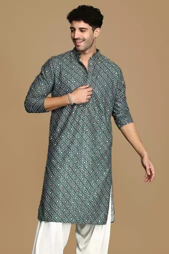 Unleash your style with men's grey printed with sequins touch up trendy fusion wear kurta by sanwara