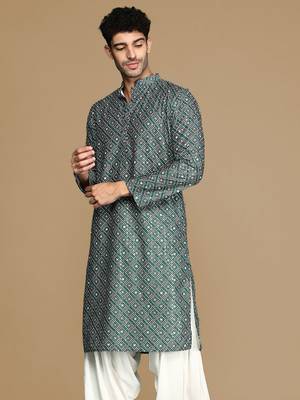 Unleash your style with men's grey printed with sequins touch up trendy fusion wear kurta by sanwara 3
