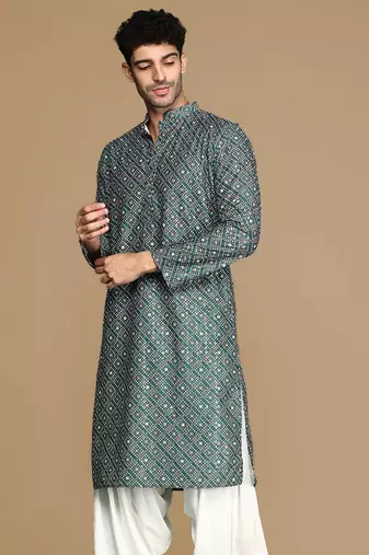 Unleash your style with men's grey printed with sequins touch up trendy fusion wear kurta by sanwara