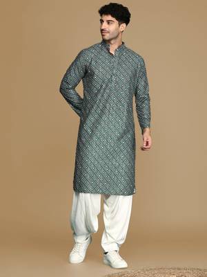 Unleash your style with men's grey printed with sequins touch up trendy fusion wear kurta by sanwara 5
