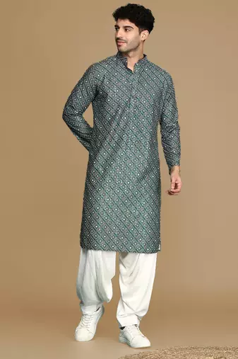 Unleash your style with men's grey printed with sequins touch up trendy fusion wear kurta by sanwara