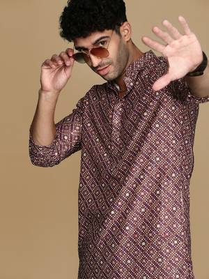 Unleash your style with men's rust printed with sequins touch up trendy fusion wear kurta by sanwara 1