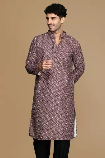 Unleash your style with men's rust printed with sequins touch up trendy fusion wear kurta by sanwara