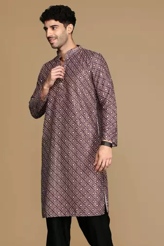 Unleash your style with men's rust printed with sequins touch up trendy fusion wear kurta by sanwara