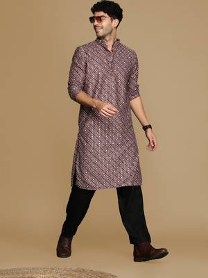 Unleash your style with men's rust printed with sequins touch up trendy fusion wear kurta by sanwara 5