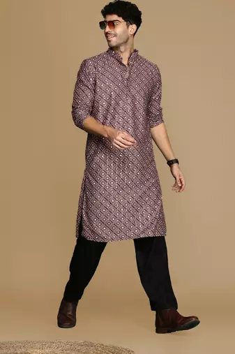 Unleash your style with men's rust printed with sequins touch up trendy fusion wear kurta by sanwara