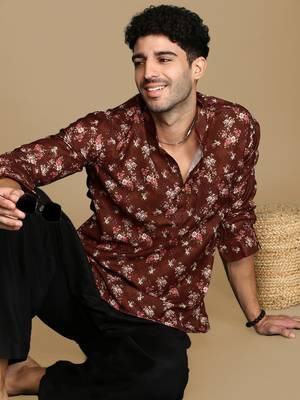 Sanwara men's cotton red printed trendy short kurta 1