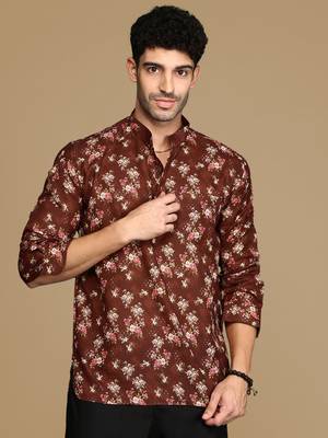 Sanwara men's cotton red printed trendy short kurta 2