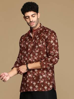 Sanwara men's cotton red printed trendy short kurta 3
