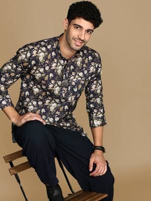 Sanwara men's cotton blue printed trendy short kurta 1