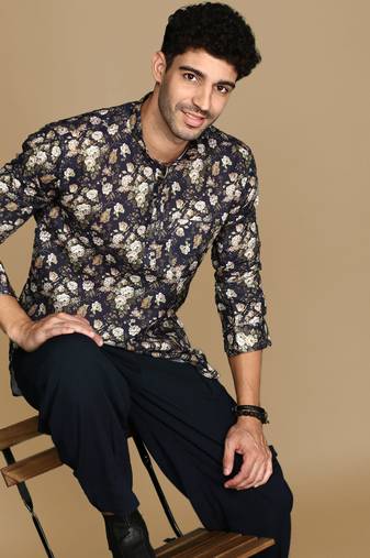 Sanwara men's cotton blue printed trendy short kurta