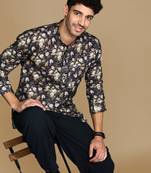 Sanwara men's cotton blue printed trendy short kurta