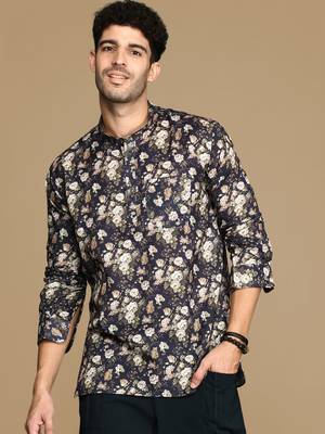 Sanwara men's cotton blue printed trendy short kurta 2