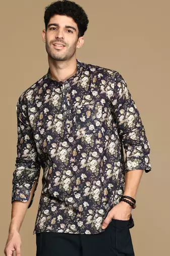 Sanwara men's cotton blue printed trendy short kurta