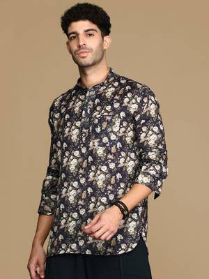 Sanwara men's cotton blue printed trendy short kurta 3