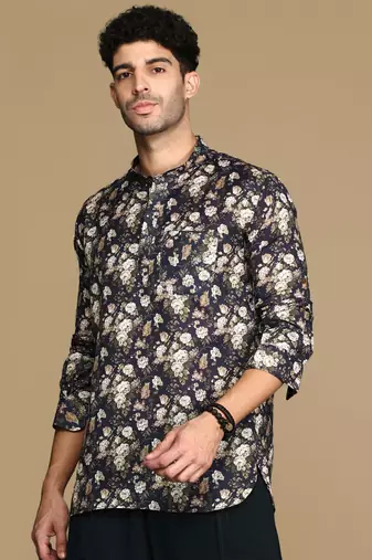 Sanwara men's cotton blue printed trendy short kurta