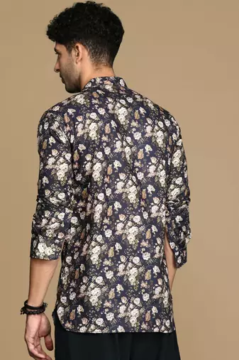 Sanwara men's cotton blue printed trendy short kurta