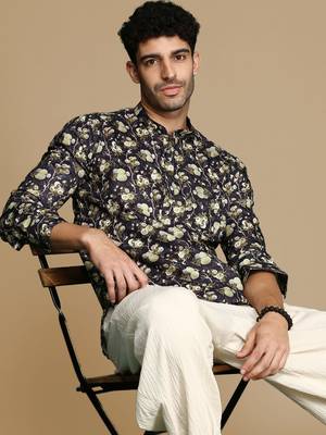 Sanwara men's cotton black printed trendy short kurta 1