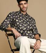 Sanwara men's cotton black printed trendy short kurta