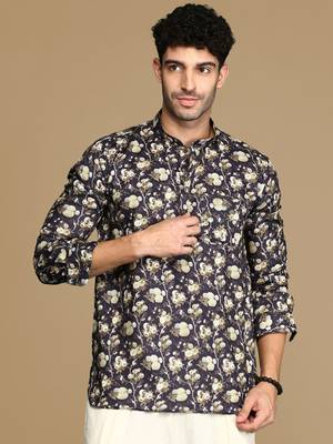 Sanwara men's cotton black printed trendy short kurta 2