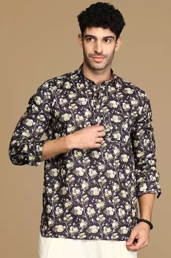 Sanwara men's cotton black printed trendy short kurta