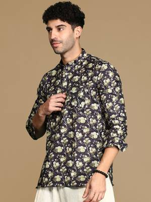 Sanwara men's cotton black printed trendy short kurta 3