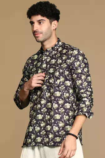 Sanwara men's cotton black printed trendy short kurta