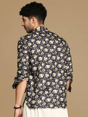Sanwara men's cotton black printed trendy short kurta 4