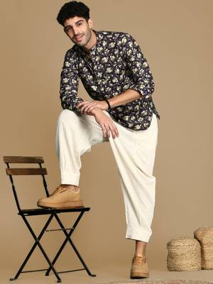 Sanwara men's cotton black printed trendy short kurta 5