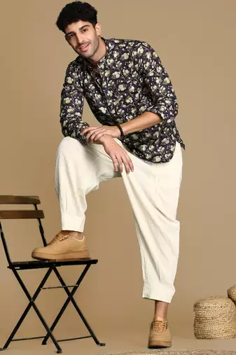 Sanwara men's cotton black printed trendy short kurta