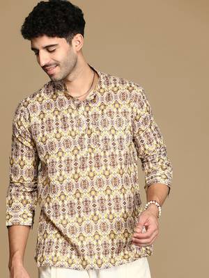 Sanwara men's cotton yellow printed trendy short kurta 1