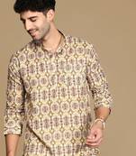 Sanwara men's cotton yellow printed trendy short kurta