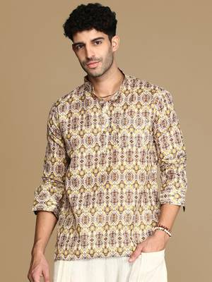 Sanwara men's cotton yellow printed trendy short kurta 2