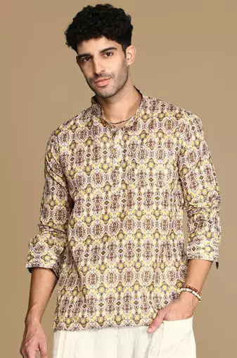 Sanwara men's cotton yellow printed trendy short kurta