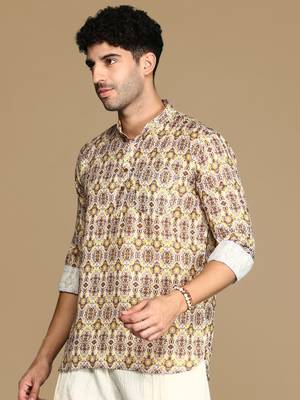 Sanwara men's cotton yellow printed trendy short kurta 3