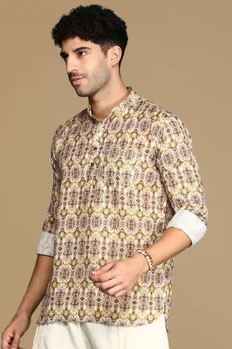 Sanwara men's cotton yellow printed trendy short kurta